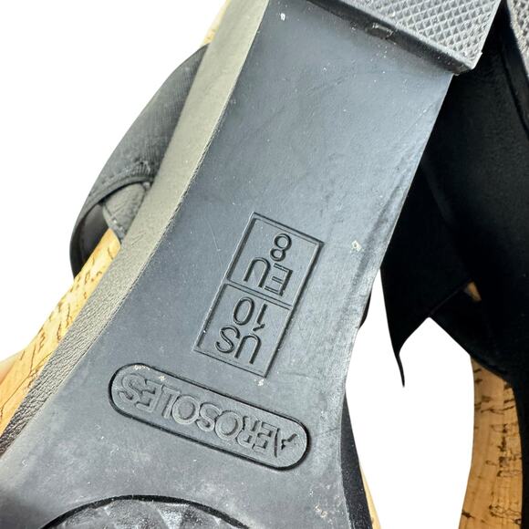 Aerosoles Black Plush Behind Open Toe Cork Wedge High Heels Strappy Size 10 - Picture 5 of 7